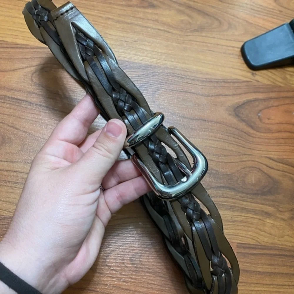 Genuine leather braided brown belt silver tone buckle boho western classic small